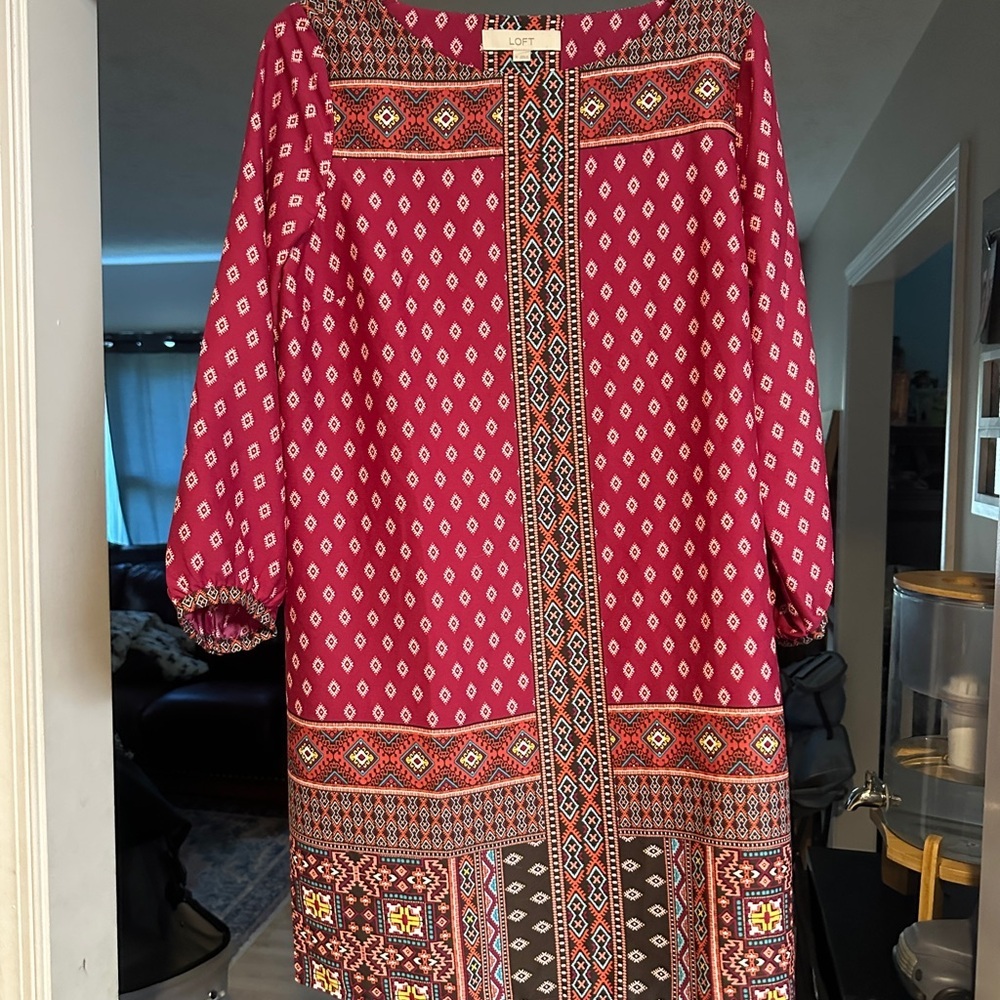 LOFT Long Sleeve Dress in Red and Black Pattern